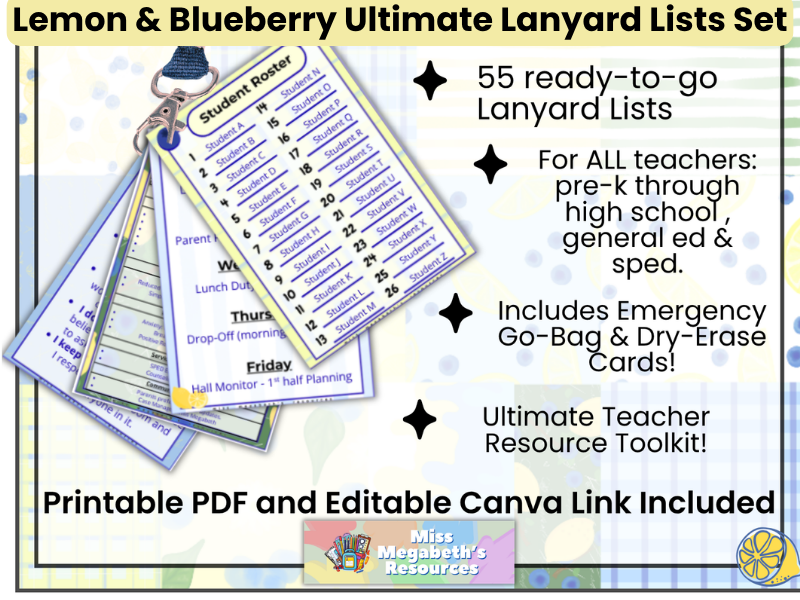 The Lemon & Blueberry Ultimate Lanyard Lists Set: Editable & Printable Teacher Toolkit & Reference C