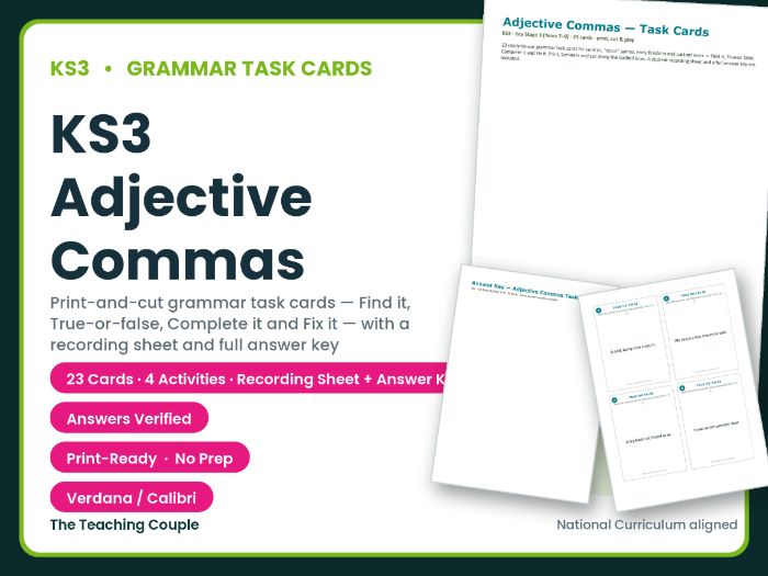 KS3 Adjective Commas Task Cards – 23 Grammar Cards + Answer Key