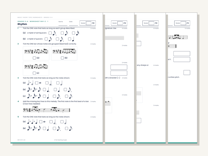 Grades 3–4 Music Theory Worksheets Bundle: All 7 Topics (140 Sheets + Answers)