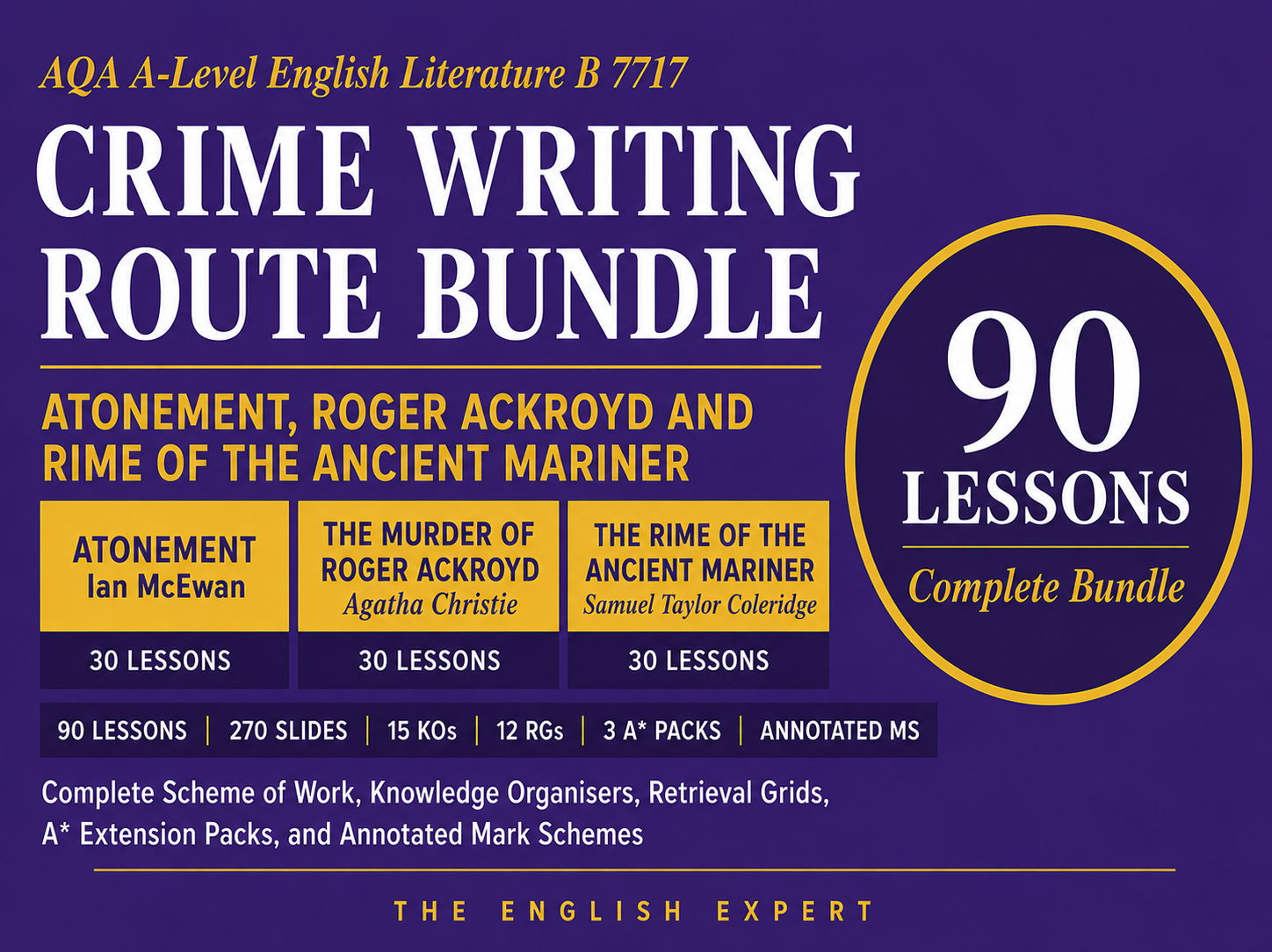 AQA A-Level English Literature B 7717 | Crime Writing Route Bundle | Atonement, Roger Ackroyd and Rime of the Ancient Mariner
