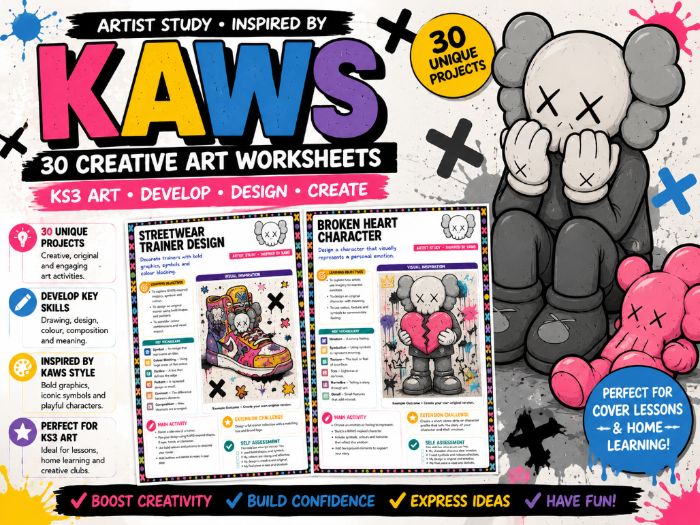 KAWS Inspired Art Worksheets | 30 Creative Art & Design Activities | KS3 Art | Artist Study Bundle