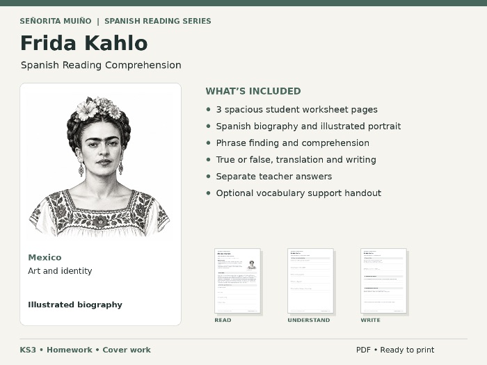 Frida Kahlo Spanish Reading Comprehension - KS3 Homework and Cover Work