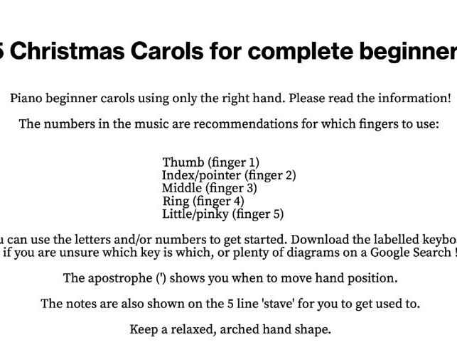 5 Christmas carols for very basic beginner keyboard.
