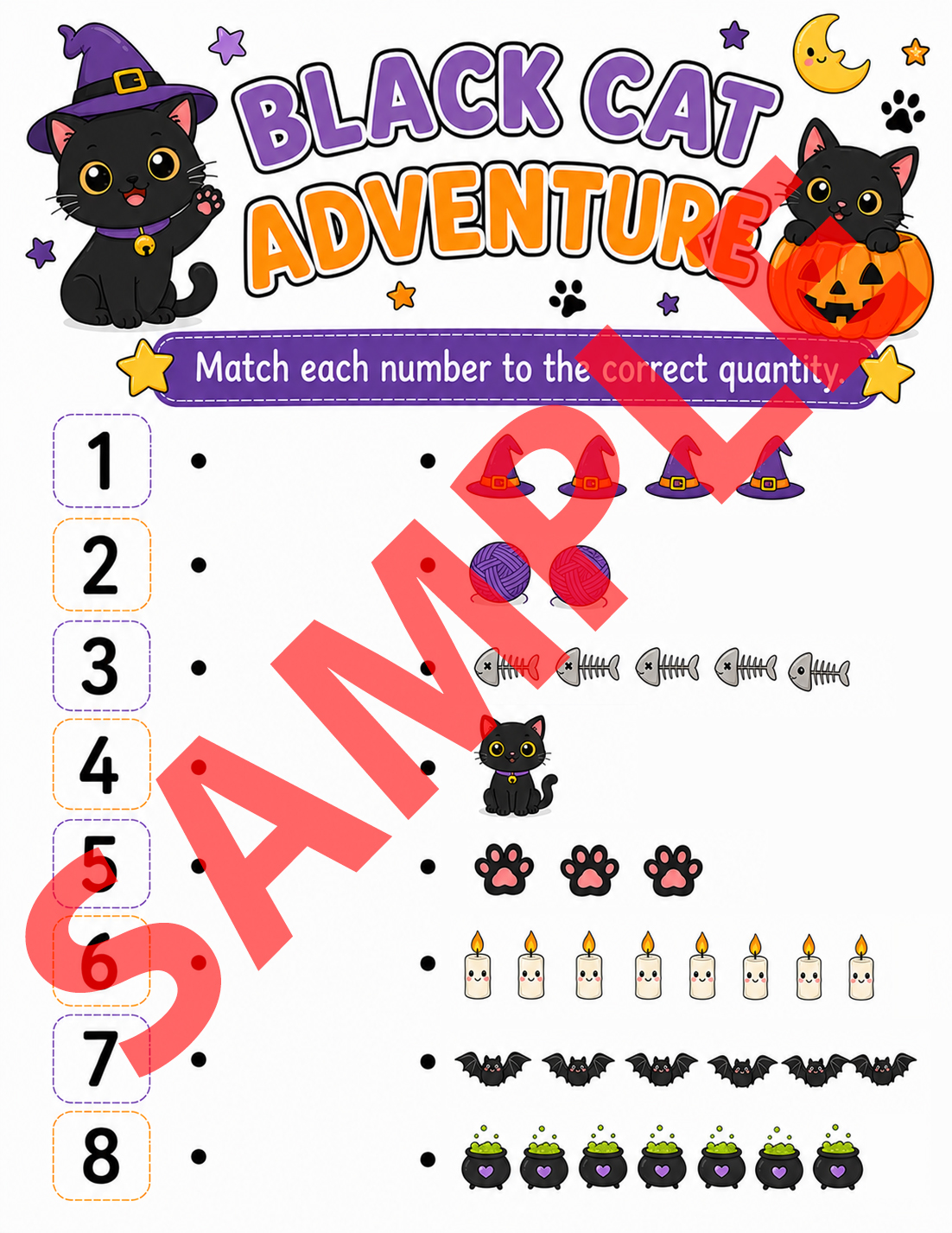Black Cat Adventure Matching Worksheets | Picture, Letters, Numbers ...