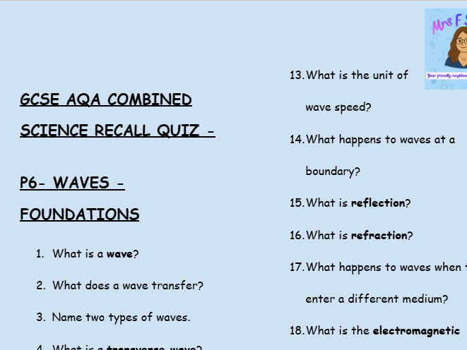 GCSE Physics P6 Waves – 30 Foundation Retrieval Questions | AQA | Low-Stakes Quiz + Answers
