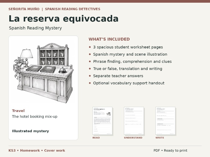 Spanish Reading Comprehension KS3 – Hotel Booking Mystery - Homework & Cover