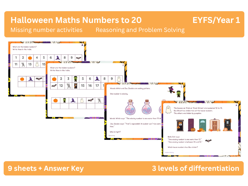 Rec/Y1 Halloween Maths: Missing Numbers to 20 Plus RPS Activities