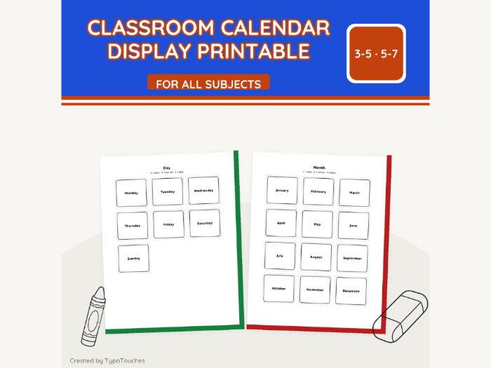Classroom Calendar Display Printable | 9 pp