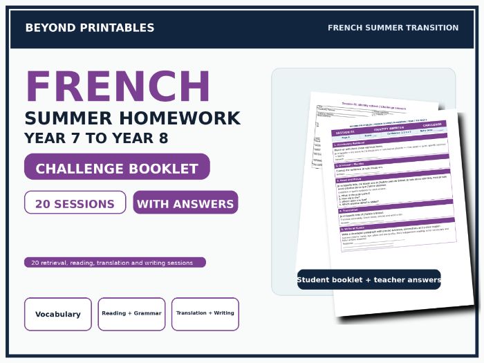 French Summer Homework Booklet Year 7 to Year 8 Challenge with Answers