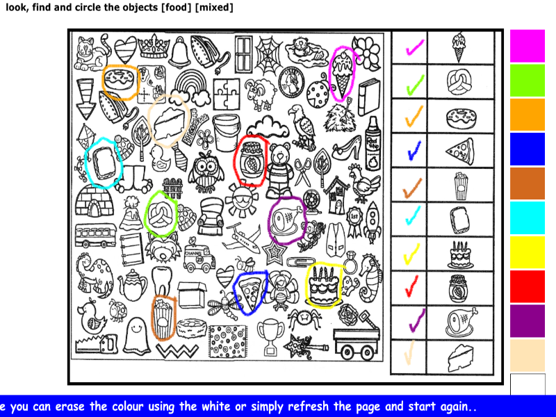 look, find and circle the objects [food] [mixed]