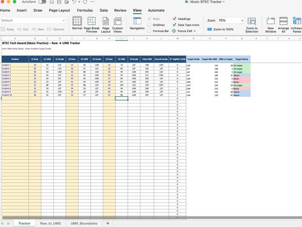 BTEC Tech Award Music Practice Tracker, RAW to UMS, Target Setting and Progress Tracking