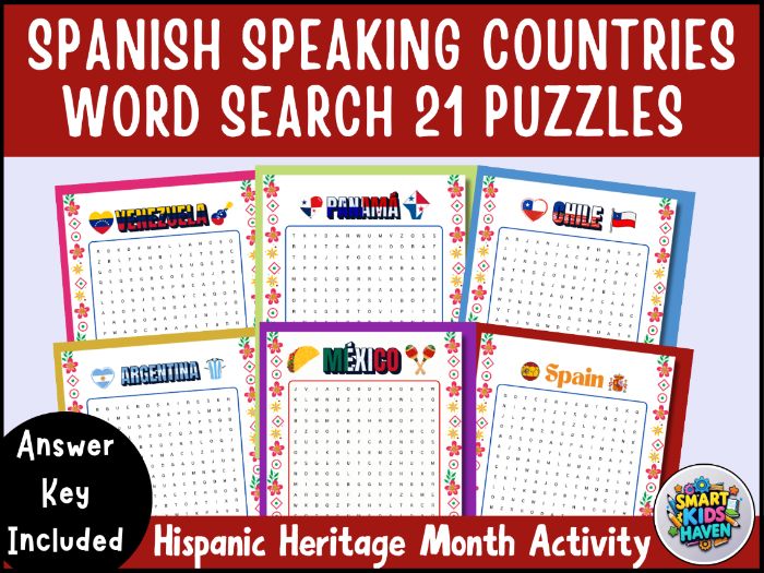 Spanish Speaking Countries Word Search 21 Puzzles Hispanic Heritage Month Activity