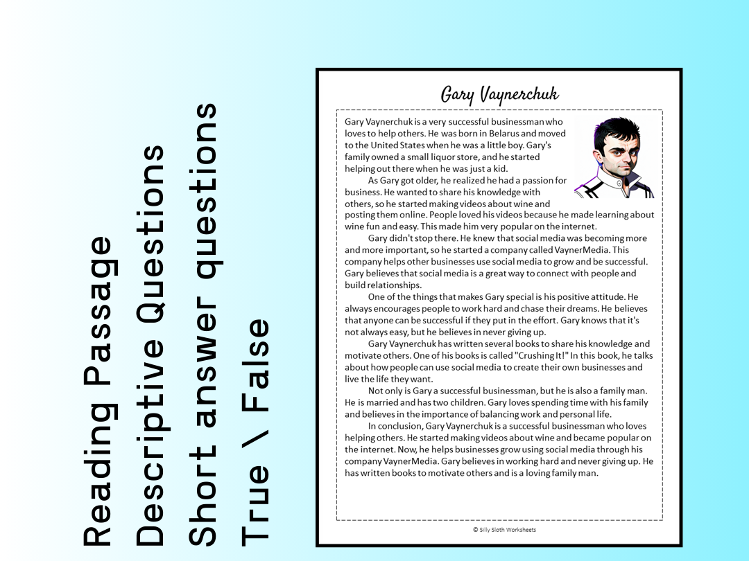 Gary Vaynerchuk Biography Reading Comprehension Passage Printable ...
