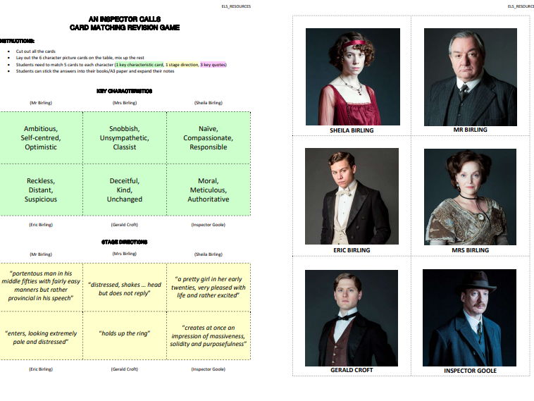 GCSE English Lit - An Inspector Calls - Card Matching Revision Game