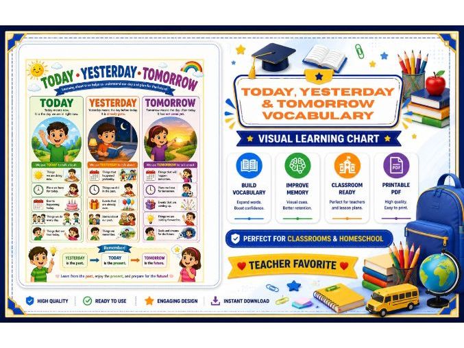 Printable Today, Yesterday & Tomorrow Poster – Visual English Time Vocabulary Chart for Preschool