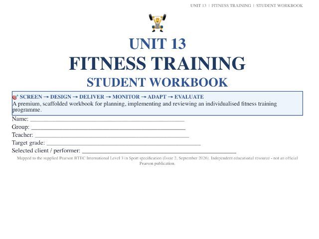 BTEC International Level 3 Sport – Unit 13 Fitness Training | Student Workbook