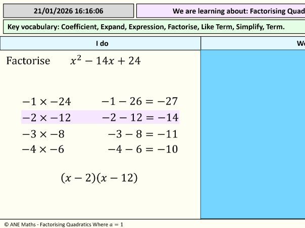 Factorising Quadratics when a=1 - Full Lesson