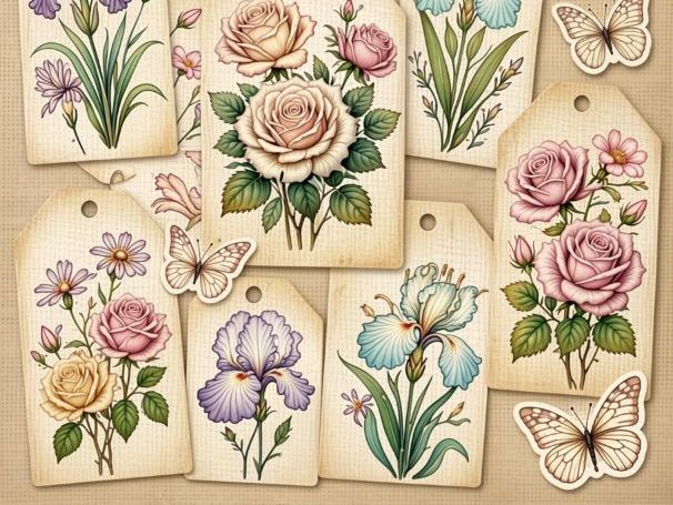 Cottagecore Floral Scrapbook Tags | Pastel Vintage Labels & Butterfly Graphics
