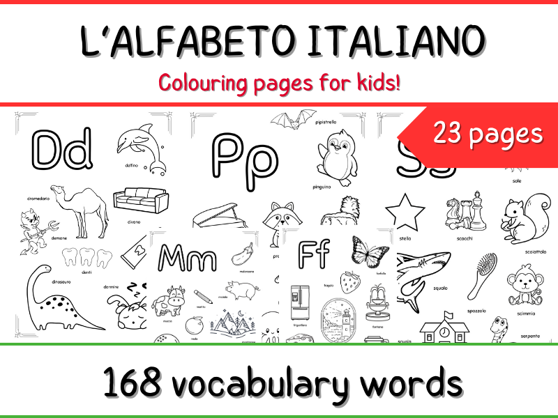 Italian Alphabet Colouring Pages for Kids - 23 pages - 168 vocabulary words