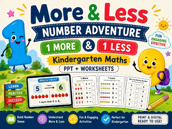 More & Less Number Adventure | 1 More & 1 Less | Kindergarten Maths PPT + Worksheets