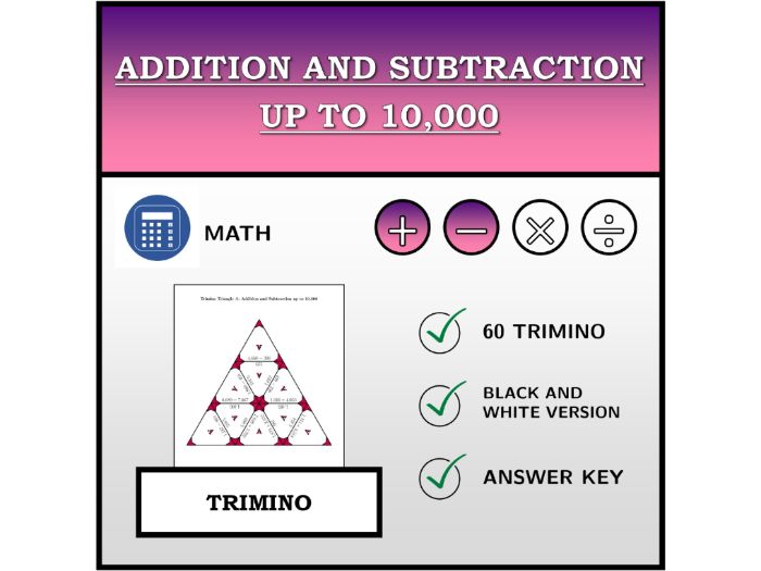 Trimino | Addition and Subtraction up to 10,000 | Math Activity