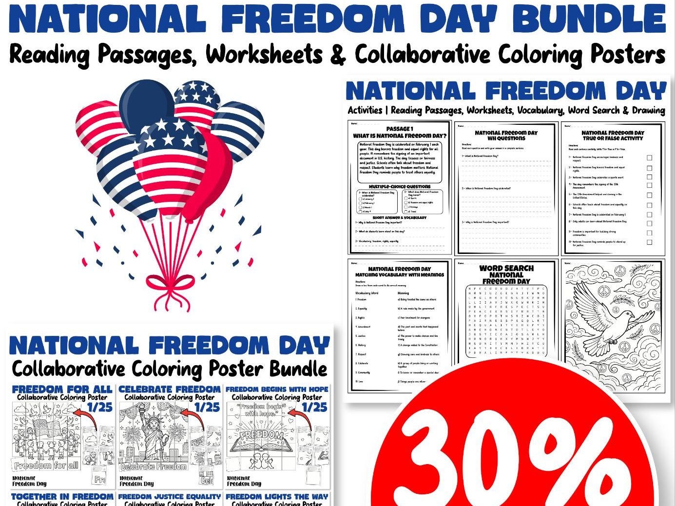 National Freedom Day Bundle | Reading Passages, Worksheets & Collaborative Coloring Posters