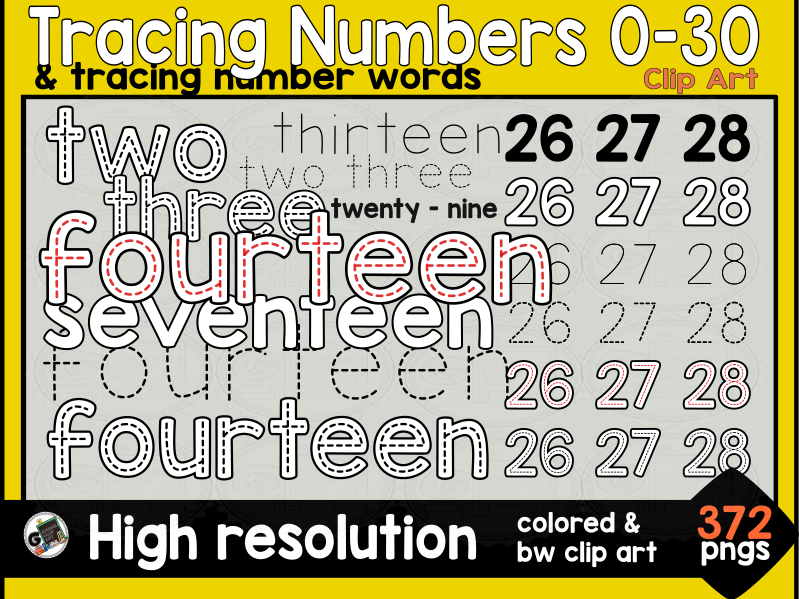 Tracing Numbers & Number Words 0-30 Fine Motor Skills Control Prewriting Clip Art