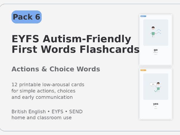 EYFS Autism-Friendly First Words Flashcards - Pack 6 Actions & Choice Words