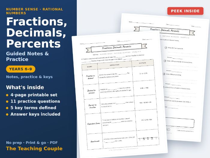 Fractions, Decimals, Percents Guided Notes & Practice | Years 6-9