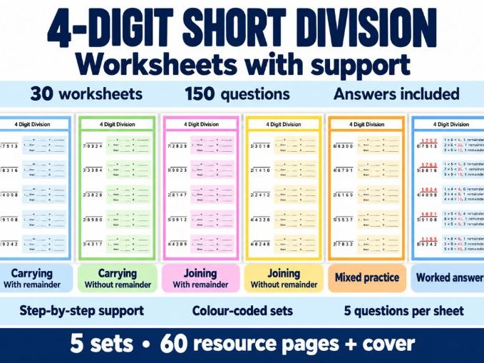 4 digit short division - Bus stop method - With and without remainders - Supported