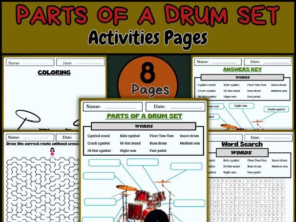 Parts of a Drum Set – Labeling, Word Search, and Coloring Music Activity