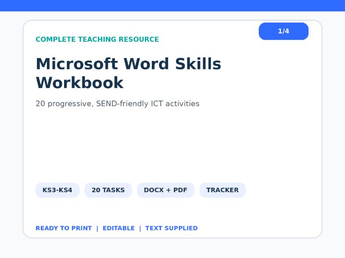 Microsoft Word Skills Workbook | 20 SEND-Friendly ICT Activities | KS3–KS4