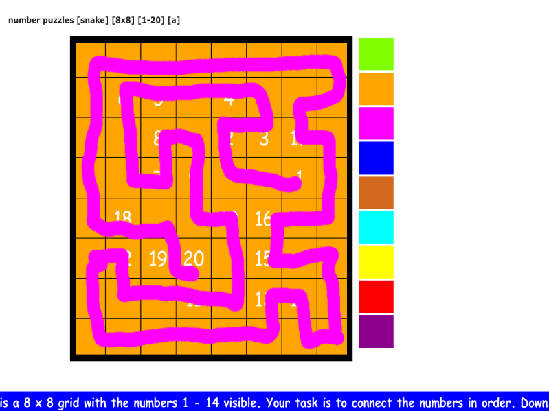 number puzzles [snake] [8x8 grid] [1-20] [a]