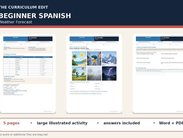 Spanish Weather Illustrated Worksheet | Beginner A1–A2 | Answers Included