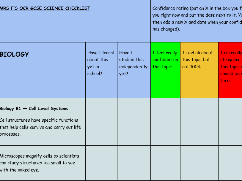 Free OCR Gateway Combined Science GCSE Specification Knowledge & Confidence Check. PDF DOWNLOAD