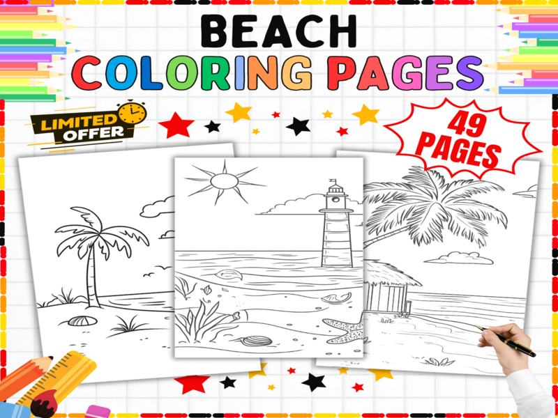 49 Beach Coloring Pages for Kids | Tropical Summer Colouring Sheets | No Prep Seaside Printable