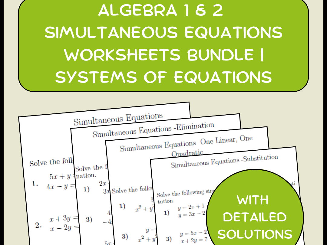Algebra 1 & 2 Simultaneous Equations Worksheets Bundle | Systems of Equations