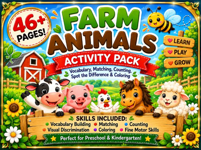 Farm Animals Worksheets & Activities | Preschool-K Math Literacy Vocabulary Pack