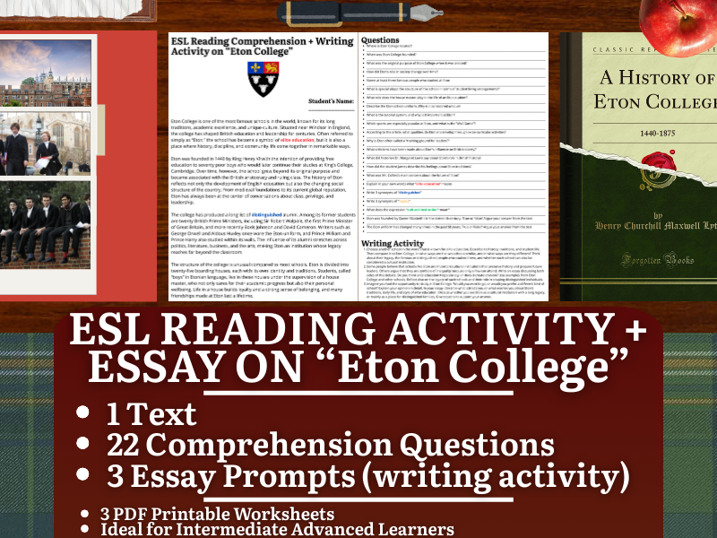 ESL Reading Comprehension + Writing Activity Worksheets on Eton College