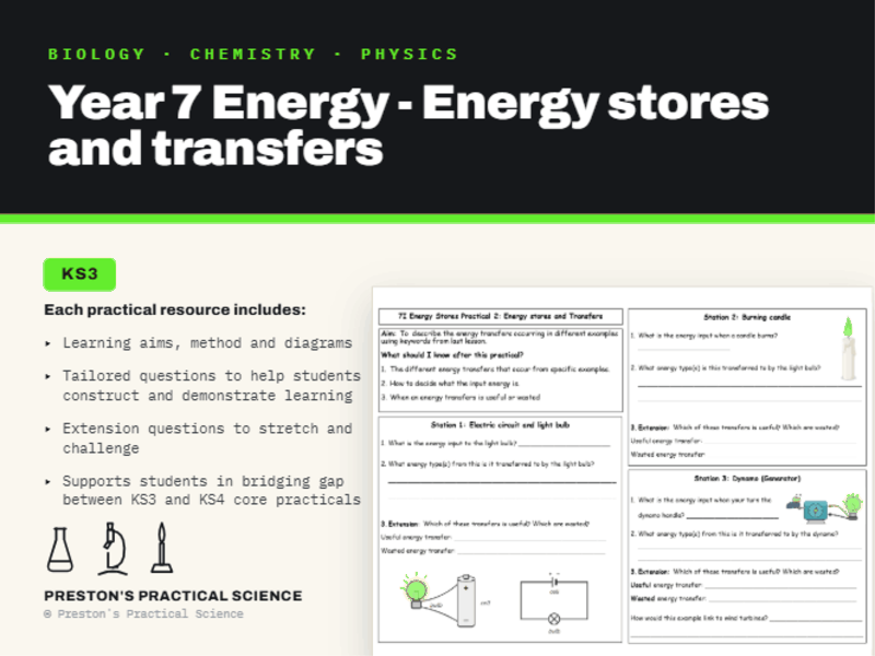KS3 Year 7 Practical Exploring Science: Energy Stores & Transfers