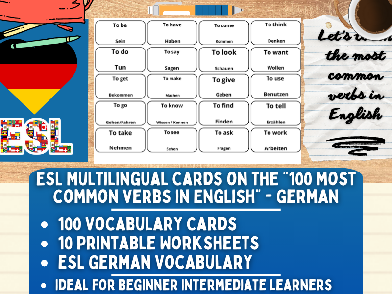 ESL Multilingual Vocabulary Flashcards - 100 most common verbs - German