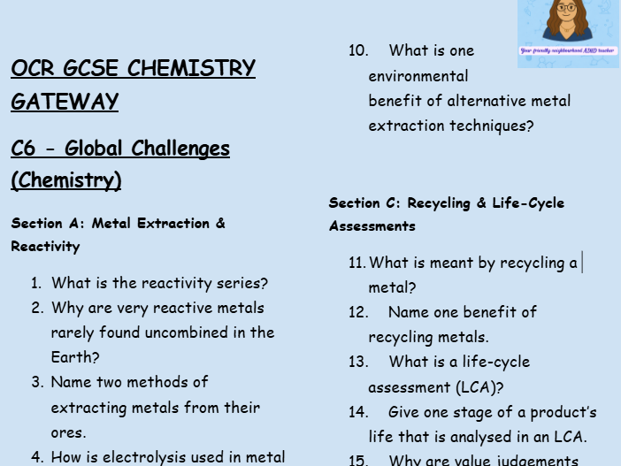 OCR GCSE Chemistry C6 Retrieval Practice: Low-Stakes Questions on Sustainability and environment
