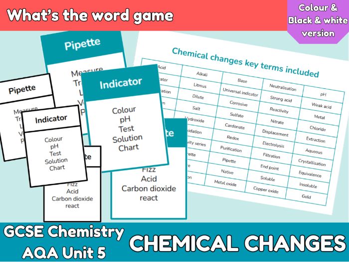 Chemical changes keyword game | AQA GCSE Chemistry Unit 5 review and revision activity