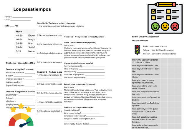 Hobbies & Opinions (Spanish) – Assessment, Mark Scheme & Self Assessment