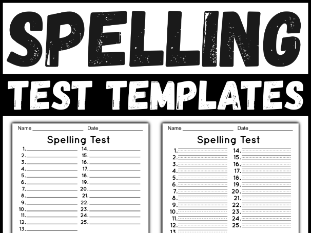 Spelling Test Template with 25 Words & Dictation Sentences - Handwriting Lines Included