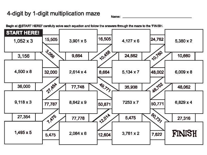 4 by 1 digit multiplication maze