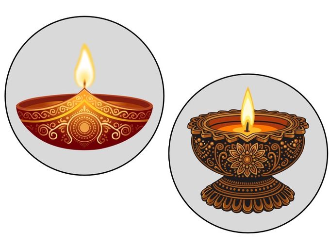 Diwali - Diya lamp sheet and four pictures of lamps