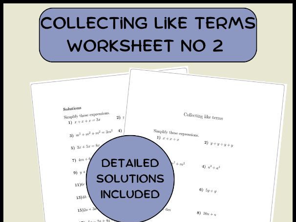 Collecting like terms worksheet no 2 (with solutions)