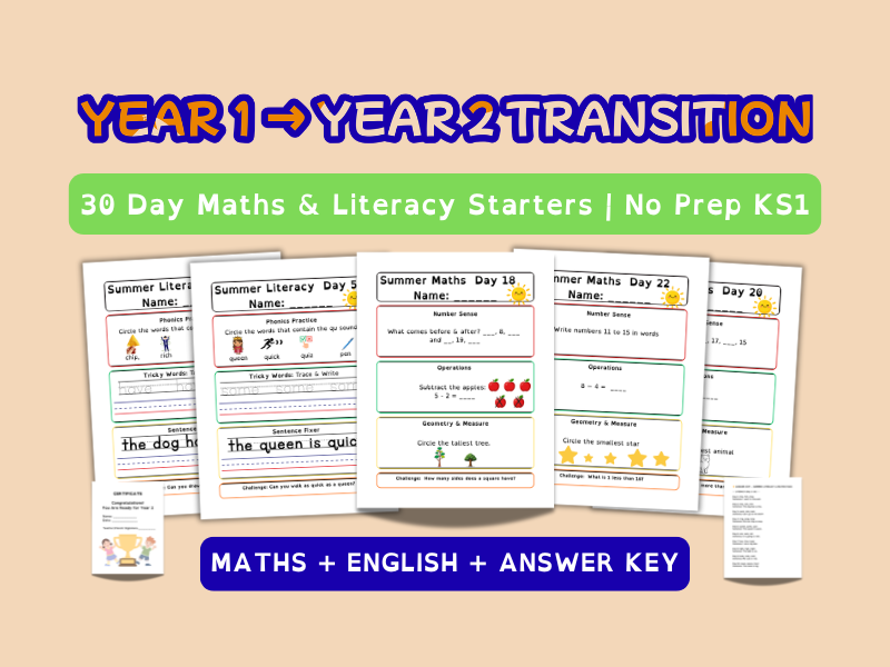 Year 1 to Year 2 Transition Pack | 30 Day Summer Revision | Literacy & Maths | SEND Friendly