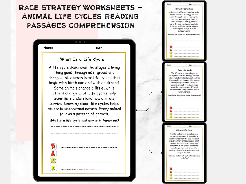 RACE Strategy Worksheets – Animal Life Cycles Reading Passages Comprehension